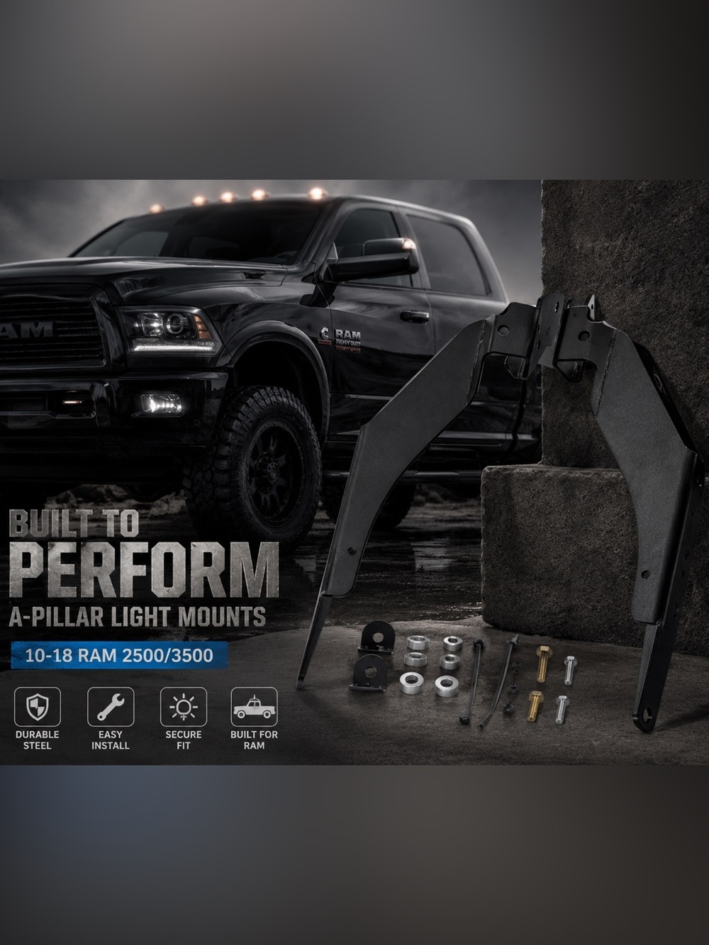'10-18 RAM 2500/3500 SDHQ BUILT A-PILLAR LIGHT MOUNTS